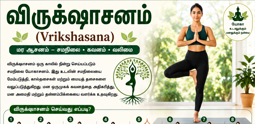 விருக்ஷாசனம் (Vrikshasana) – உடல் சமநிலை, கவனம் மற்றும் கால் வலிமையை அதிகரிக்கும் மர ஆசனம்