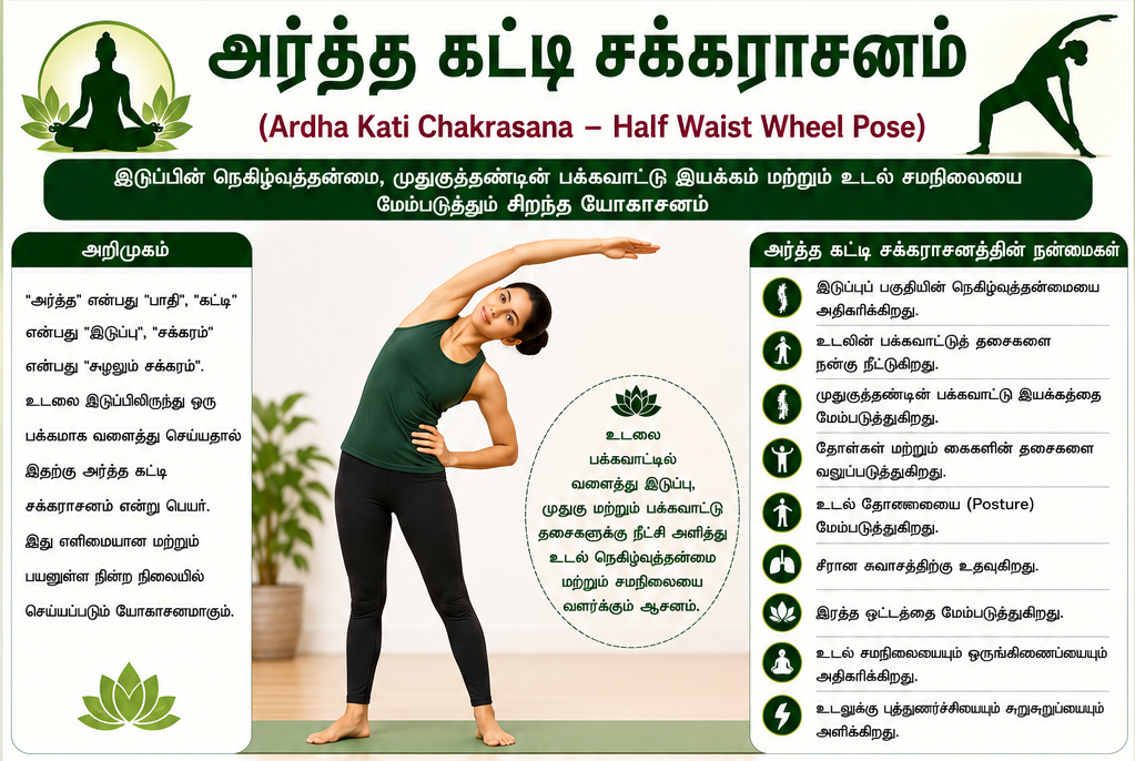 அர்த்த கட்டி சக்கராசனம் – இடுப்பின் நெகிழ்வுத்தன்மையையும் உடல் சமநிலையையும் மேம்படுத்தும் சிறந்த யோகாசனம்