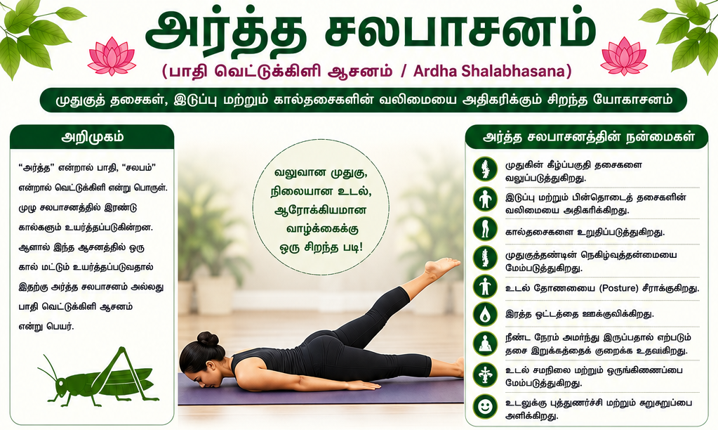 அர்த்த சலபாசனம் – முதுகு மற்றும் கால்களை வலுப்படுத்தும் சிறந்த யோகாசனம்