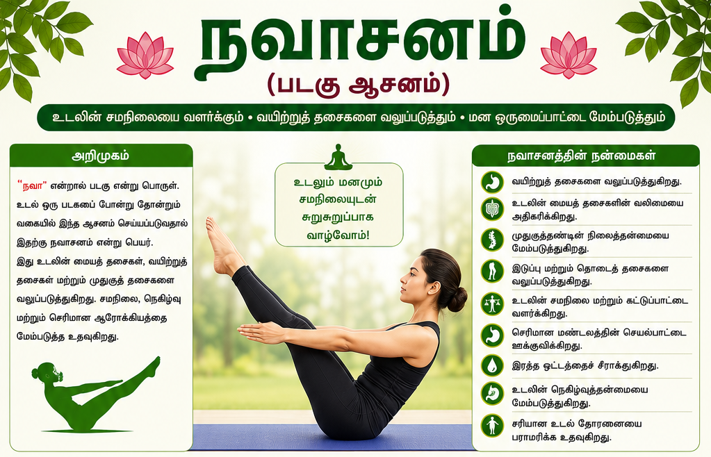 நவாசனம் – உடலின் சமநிலையையும் வயிற்றுத் தசைகளையும் வலுப்படுத்தும் சிறந்த யோகாசனம்