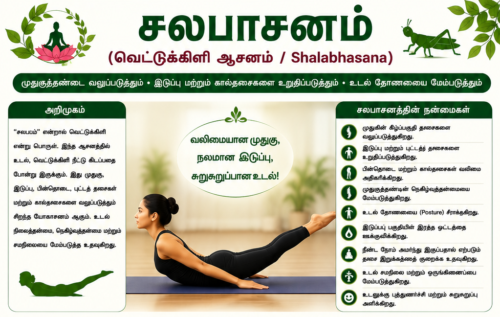 சலபாசனம் – முதுகுத்தண்டு மற்றும் உடலின் பின்புறத் தசைகளை வலுப்படுத்தும் சிறந்த யோகாசனம்