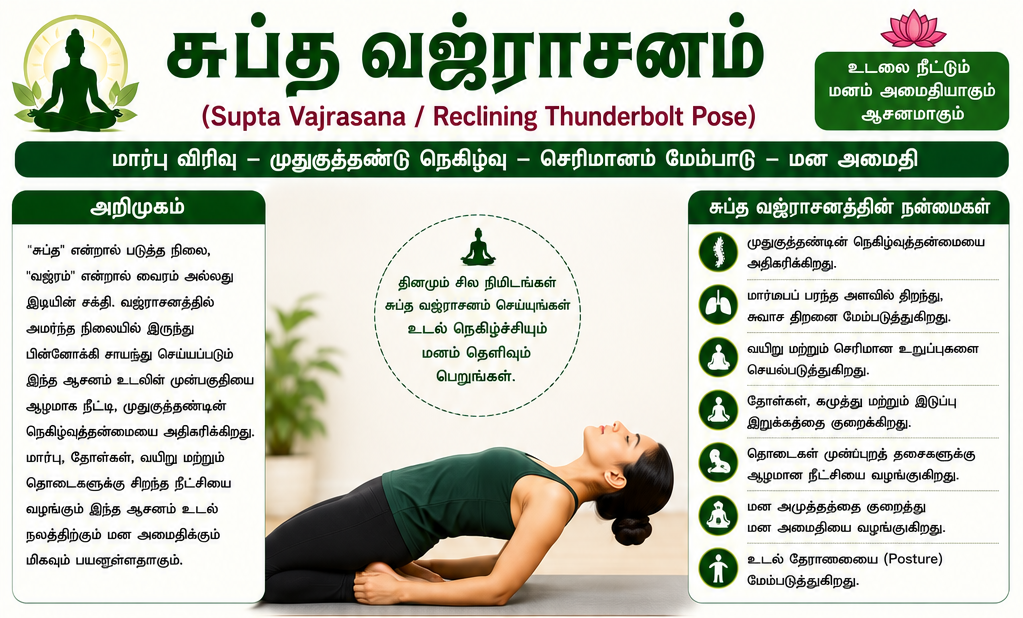சுப்த வஜ்ராசனம் – உடலின் நெகிழ்வுத்தன்மையையும் மார்பு விரிவையும் மேம்படுத்தும் சிறந்த யோகாசனம்